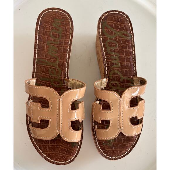 Sam Edelman Women s Regis Cork Wedge Heel Sandals Patent Leather Almond Size 8 - Picture 1 of 12